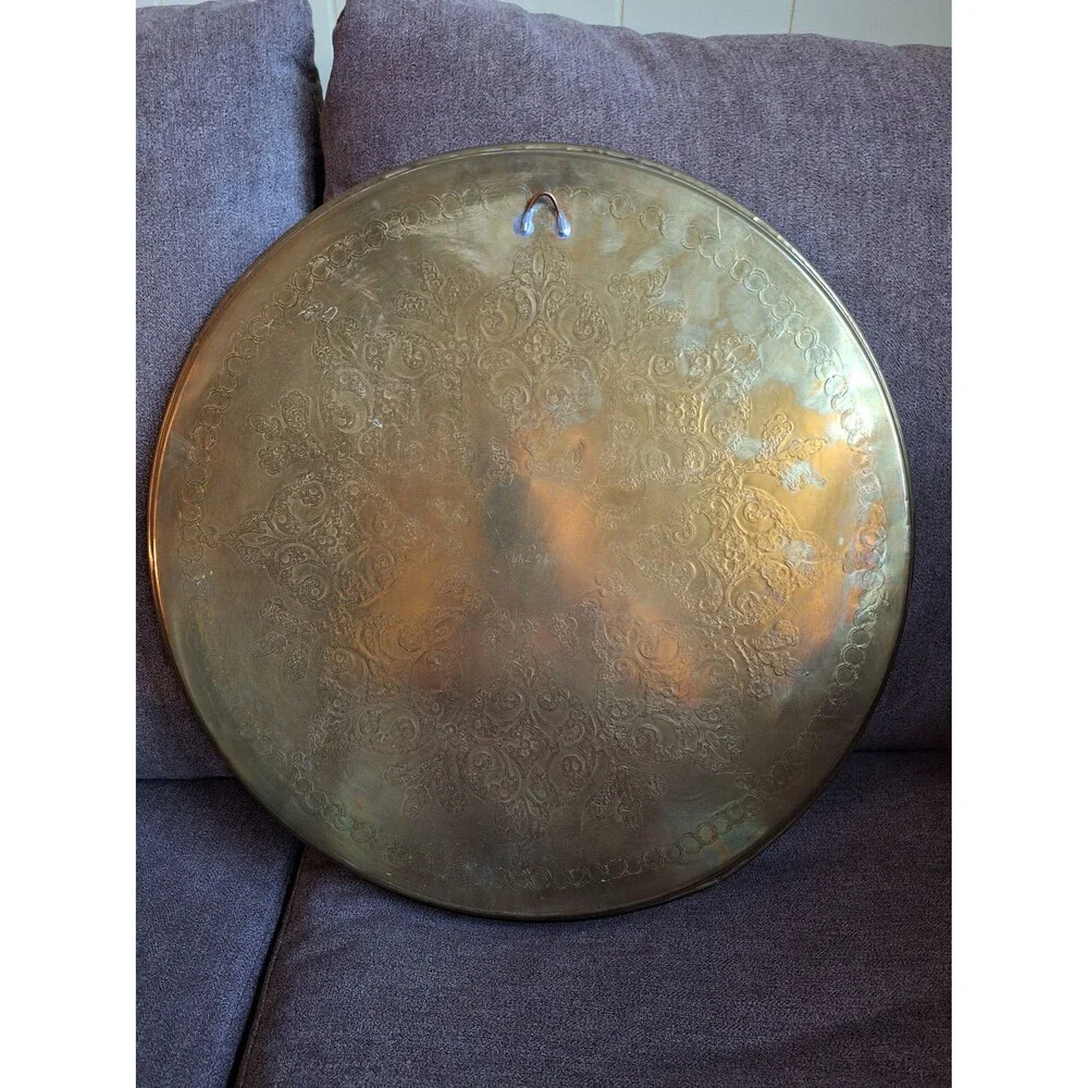 XL Vintage Brass Tray, Ornate Floral Design (20 inch)